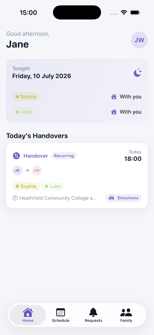 CoParnt home screen showing who the children are with tonight and today's handover
