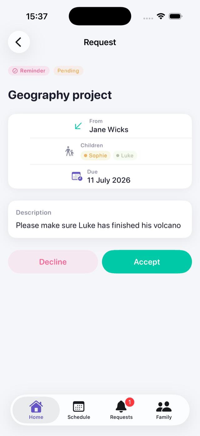 A reminder request from a co-parent with Accept and Decline buttons