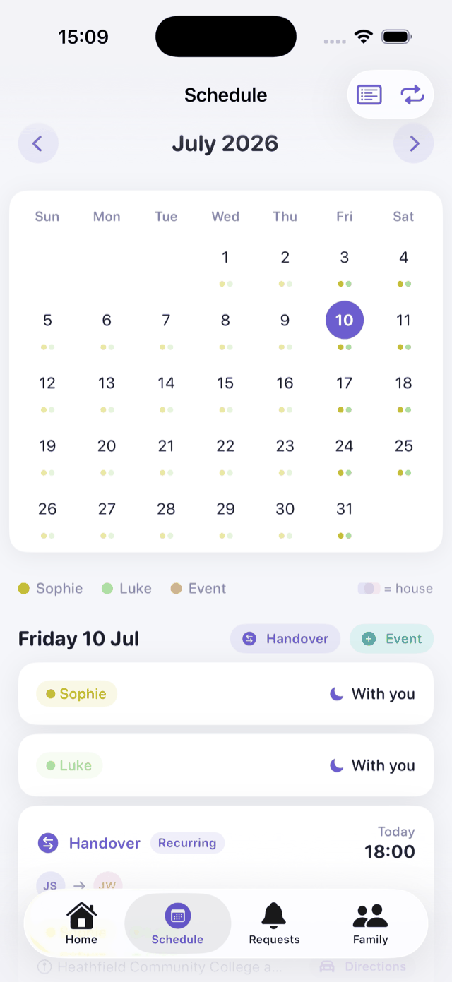 Shared schedule calendar showing which parent each child is with on every day of the month